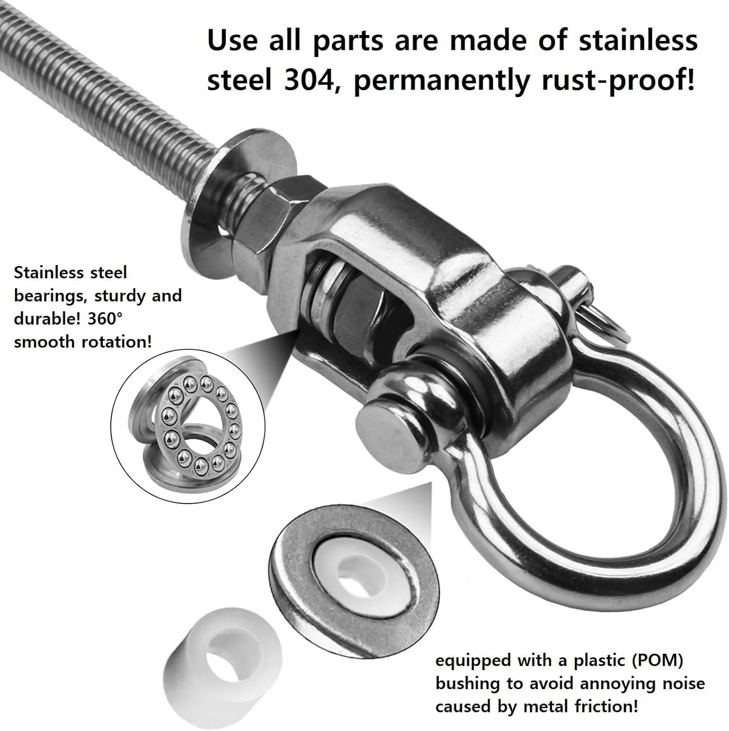 2 Heavy Duty Stainless Steel Swing Hangers with Bearings,Quiet and Smooth Swivel Hooks for Wood and Steel Beam, Ideal for Hanging Hammocks, Yoga Swings, Porch Swing, Sandbag 1500 LB Capacity