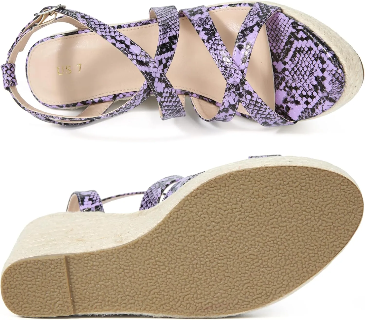 Allegra K Women's Snake Print Strappy Espadrilles Wedge Heel Platform Sandals