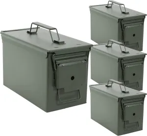 Ammo Storage Box 4 Pack - Green .50 Caliber Ammunition Flip Top Lockable Storage Box - Waterproof Metal Military Ammo Can Container - Airtight Latching Dry Bullet Case Steel Field Box