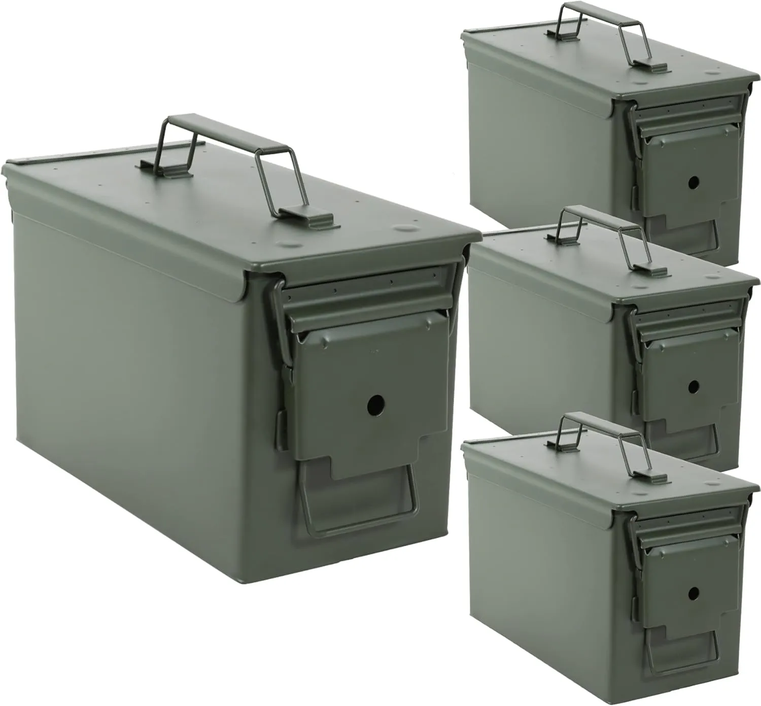 Ammo Storage Box 4 Pack - Green .50 Caliber Ammunition Flip Top Lockable Storage Box - Waterproof Metal Military Ammo Can Container - Airtight Latching Dry Bullet Case Steel Field Box