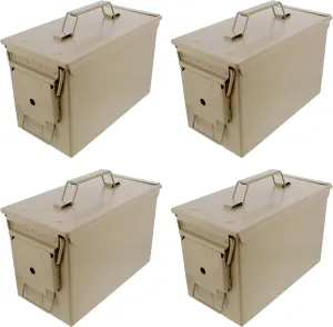 Ammo Storage Box 4 Pack - Tan .50 Caliber Ammunition Flip Top Lockable Storage Box - Waterproof Metal Military Ammo Can Container - Airtight Latching Dry Bullet Case Steel Field Box