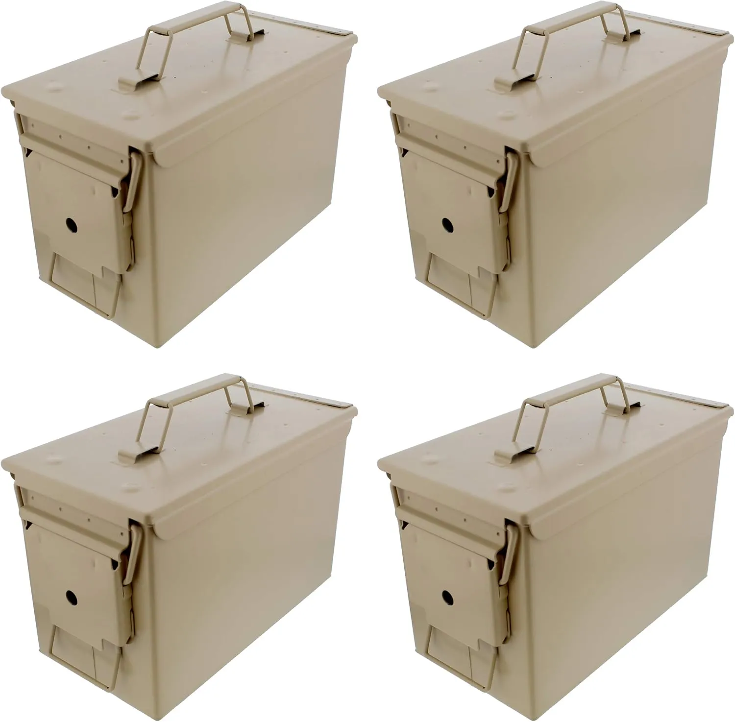 Ammo Storage Box 4 Pack - Tan .50 Caliber Ammunition Flip Top Lockable Storage Box - Waterproof Metal Military Ammo Can Container - Airtight Latching Dry Bullet Case Steel Field Box