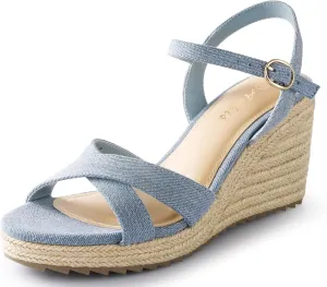 Ankis Wedge Sandals for Women, Espadrille Womens Wedge Sandals Comfortable Open Toe Cross Band Ankle Strap High Heel Wedges for Women Dressy Summer -3.4Inch