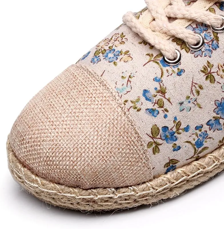 Ausom Girls Womens Linen Pastoral Preppy Style Floral Round Toe Canvas Sneakers Shoes
