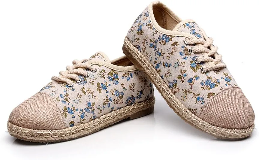 Ausom Girls Womens Linen Pastoral Preppy Style Floral Round Toe Canvas Sneakers Shoes