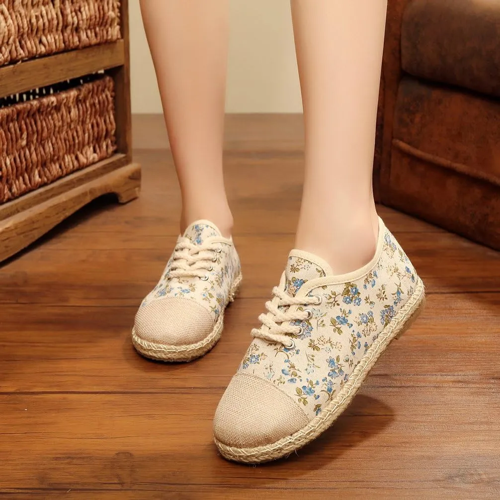 Ausom Girls Womens Linen Pastoral Preppy Style Floral Round Toe Canvas Sneakers Shoes