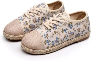 Ausom Girls Womens Linen Pastoral Preppy Style Floral Round Toe Canvas Sneakers Shoes