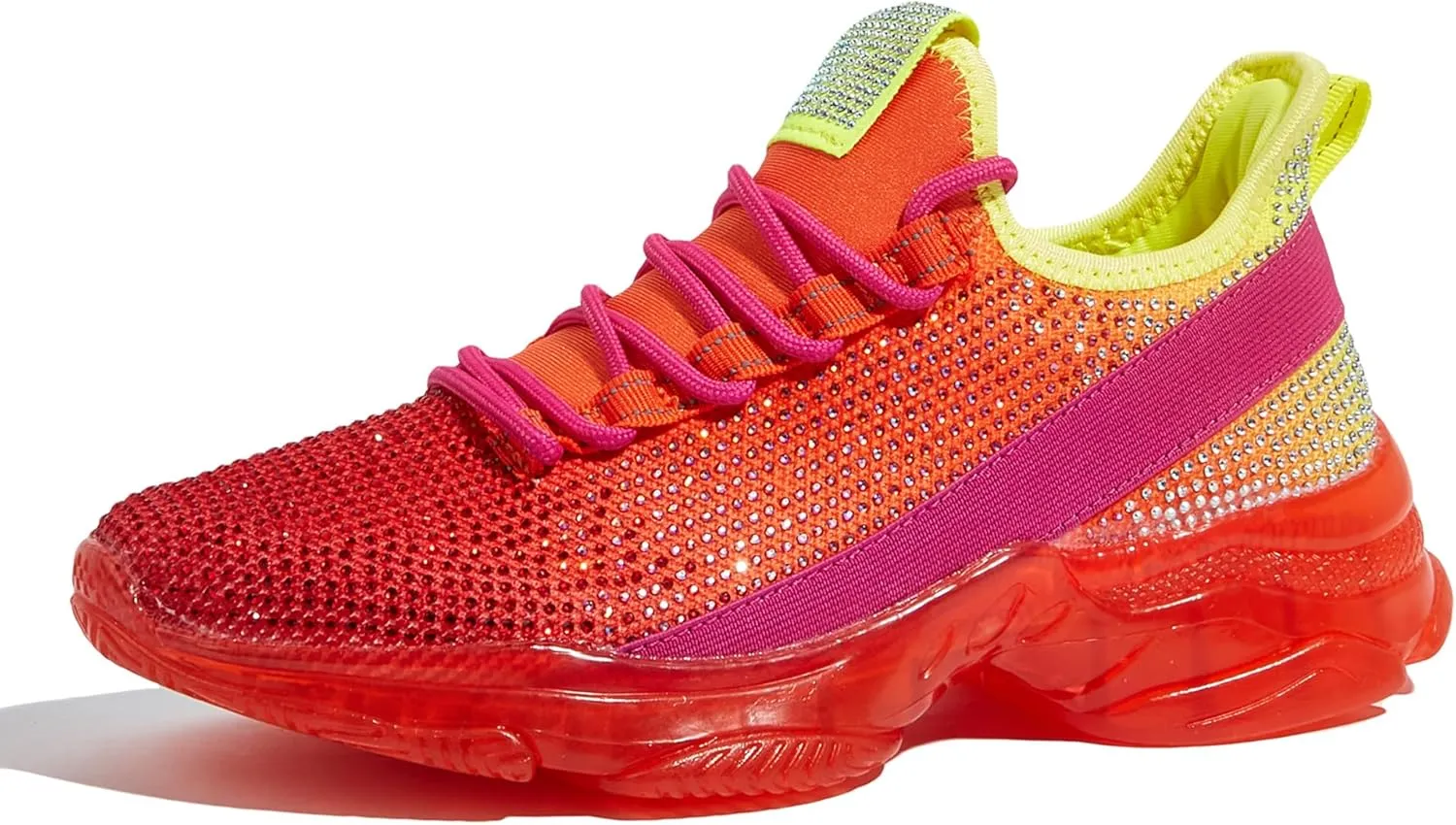 BELOS Women's Rhinestone Mesh Slip On Walking Shoes Fashion Breathable Spakle Glitter Sneaker