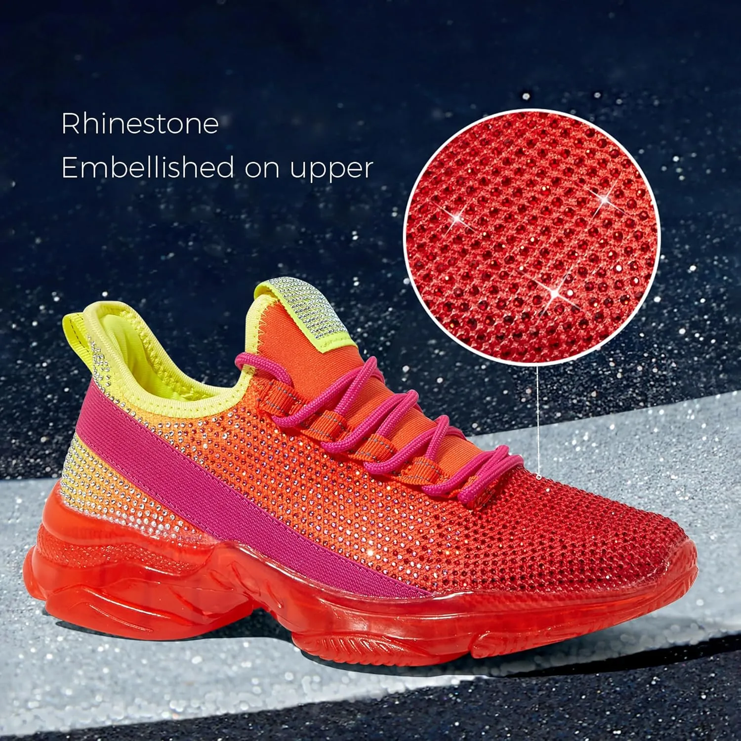 BELOS Women's Rhinestone Mesh Slip On Walking Shoes Fashion Breathable Spakle Glitter Sneaker