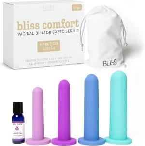 Bliss Comfort 4-Dilator Kit - Premium Soft Silicone - Pelvic Floor Muscle Dilator Exerciser Trainer Set - 4-Pack Sizes 5-8 - Bliss Glide Personal Moisturizer Included - $8 Value!
