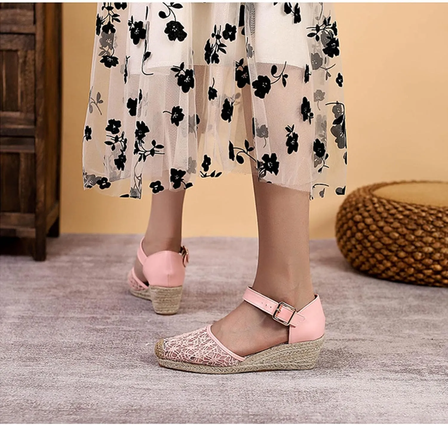 Breathable Lace Mesh Espadrille Wedge Sandals for Women Closed Cap Toe Ankle Strap Platform Pumps with Buckled