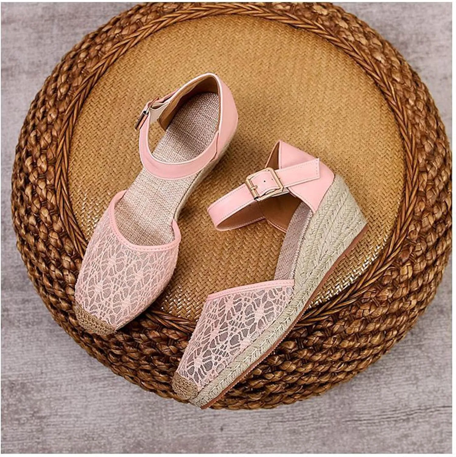 Breathable Lace Mesh Espadrille Wedge Sandals for Women Closed Cap Toe Ankle Strap Platform Pumps with Buckled