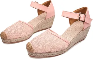 Breathable Lace Mesh Espadrille Wedge Sandals for Women Closed Cap Toe Ankle Strap Platform Pumps with Buckled