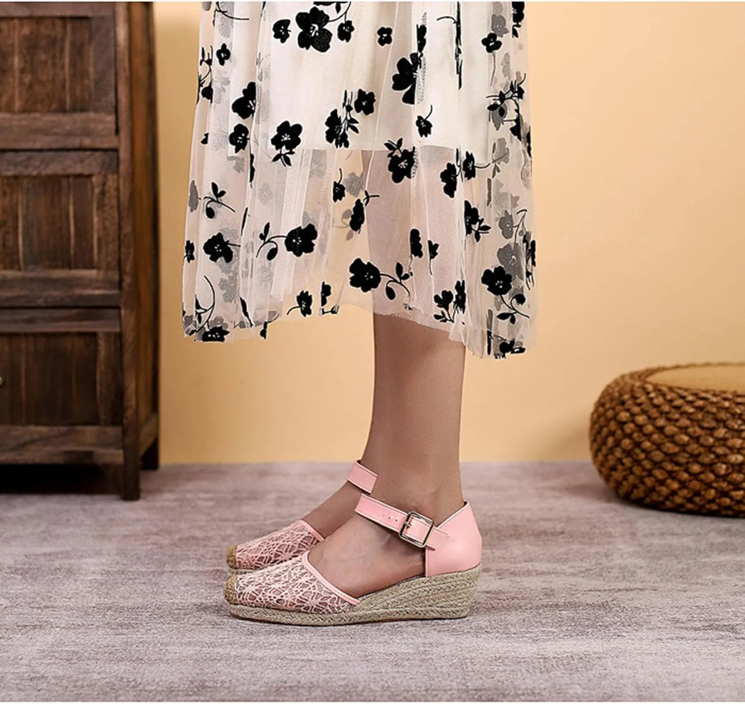 Breathable Lace Mesh Espadrille Wedge Sandals for Women Closed Cap Toe Ankle Strap Platform Pumps with Buckled