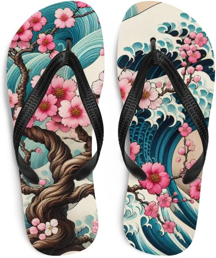 Cherry Blossom Great Wave Flip-Flops, Japanese Art Beach Sandals, Aesthetic Summer Pool Slides, Comfortable Footwear