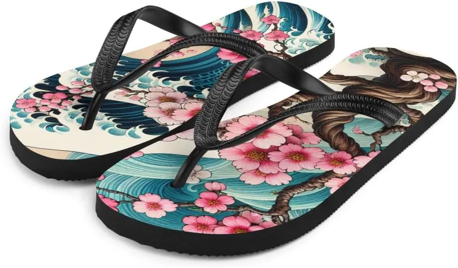 Cherry Blossom Great Wave Flip-Flops, Japanese Art Beach Sandals, Aesthetic Summer Pool Slides, Comfortable Footwear