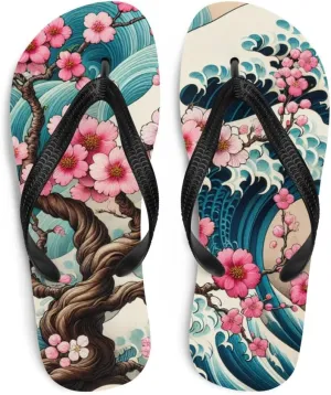 Cherry Blossom Great Wave Flip-Flops, Japanese Art Beach Sandals, Aesthetic Summer Pool Slides, Comfortable Footwear