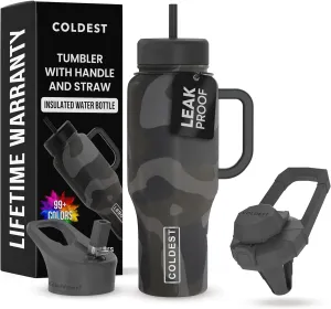 Coldest 40 oz Tumbler with Handle and Straw, 100% Leak Proof Insulated Tumbler with Lid and Straw (3 Lids), Stainless Steel Tumblers for Women & Men, Cup Holder Friendly, 36 oz (Blackhawk Camo)