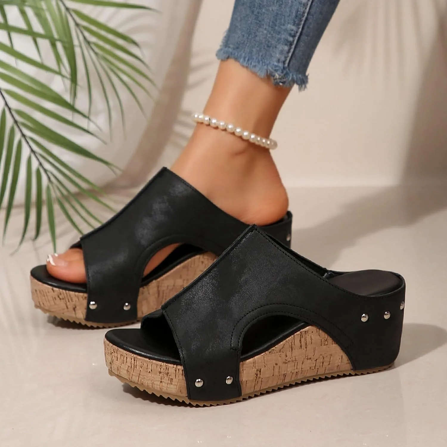 Cork Platform Sandals for Women Dressy Open Toe Wide Width Orthopedic Wedge Sandals Comfortable Summer Slip On Slides
