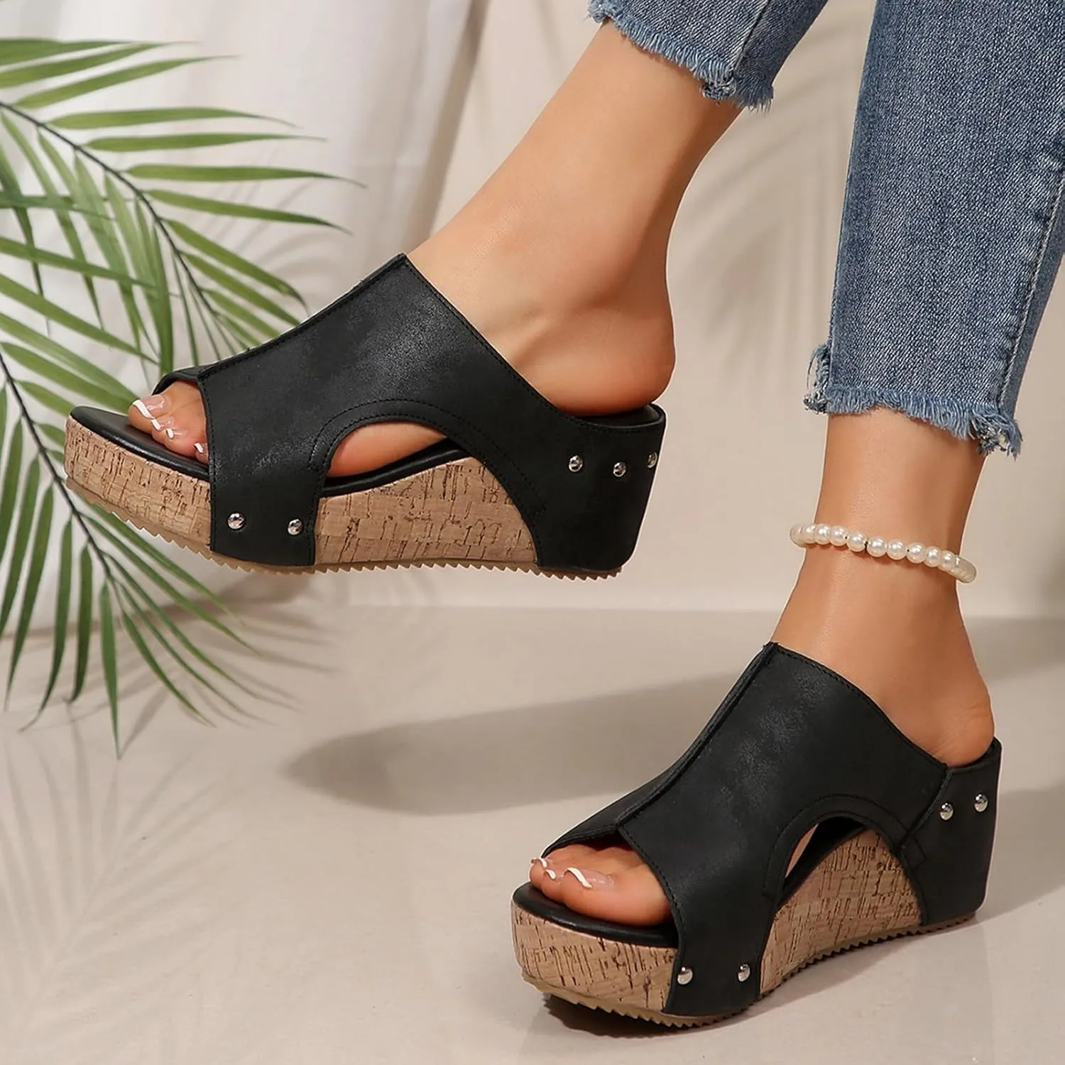 Cork Platform Sandals for Women Dressy Open Toe Wide Width Orthopedic Wedge Sandals Comfortable Summer Slip On Slides
