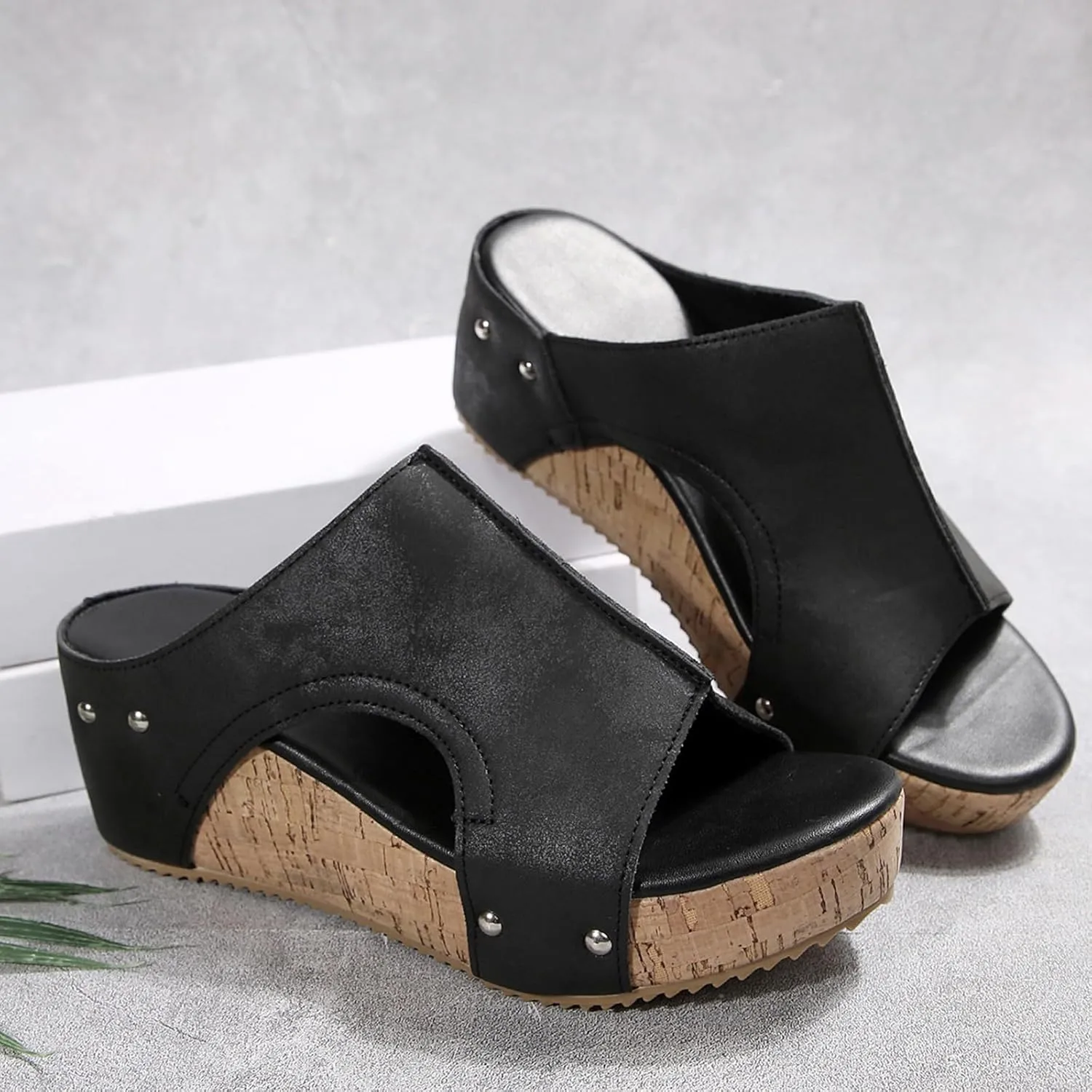 Cork Platform Sandals for Women Dressy Open Toe Wide Width Orthopedic Wedge Sandals Comfortable Summer Slip On Slides