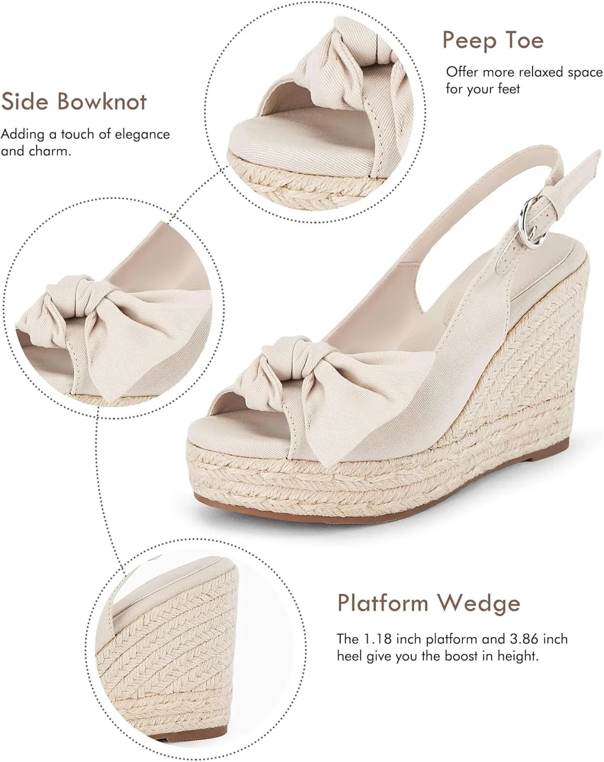 Coutgo Women's Peep Toe Wedges Heels Slingback Espadrille Platform Sandals Side Bowknot Casual Shoes