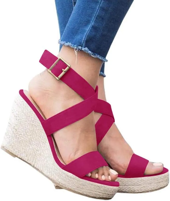 Coutgo Women's Wedge Sandals Cross Strap Espadrille Platform Ankle Buckle Summer Casual Shoes