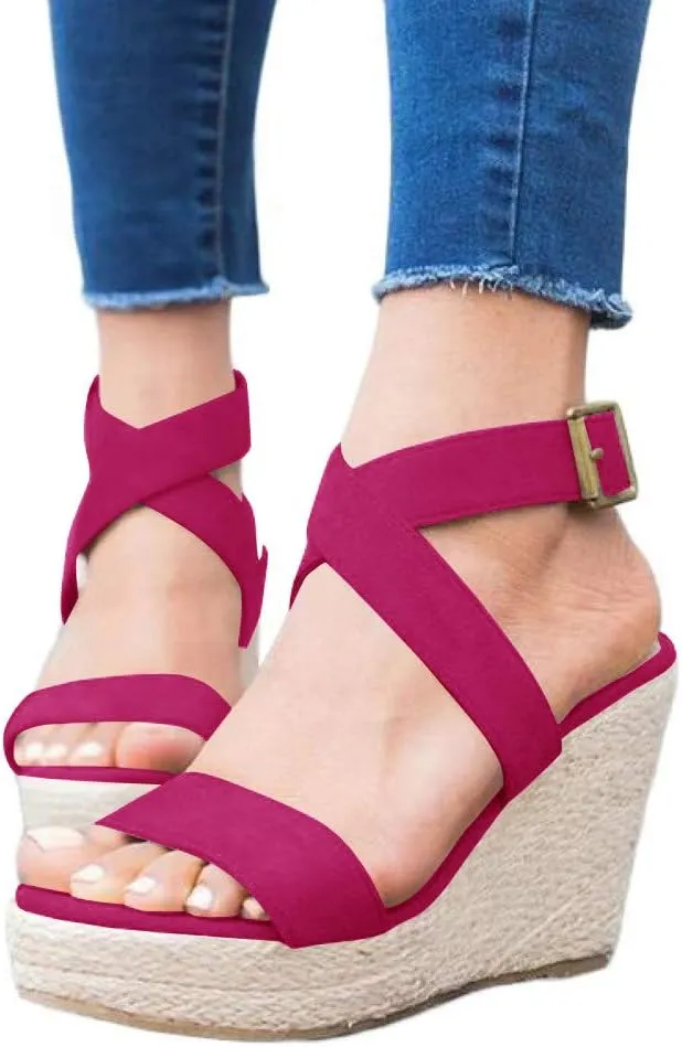Coutgo Women's Wedge Sandals Cross Strap Espadrille Platform Ankle Buckle Summer Casual Shoes