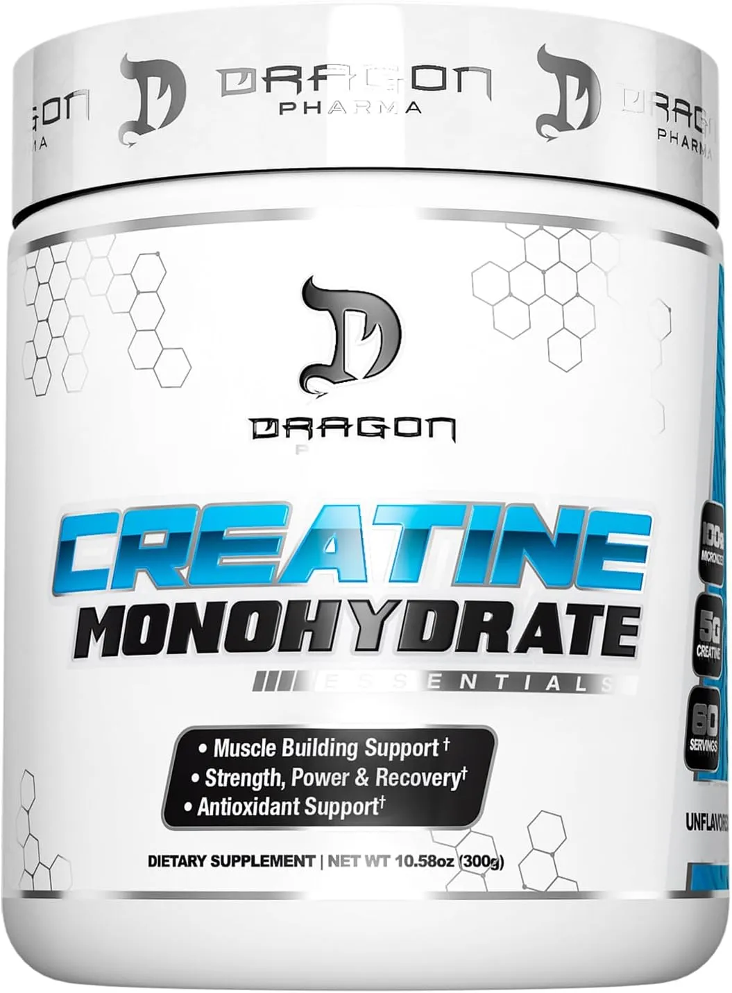 DRAGON PHARMA Creatine Monohydrate, Aid Muscle Recovery, Post-Workout Supplement, Antioxidant Support (60 Servings, Unflavored)