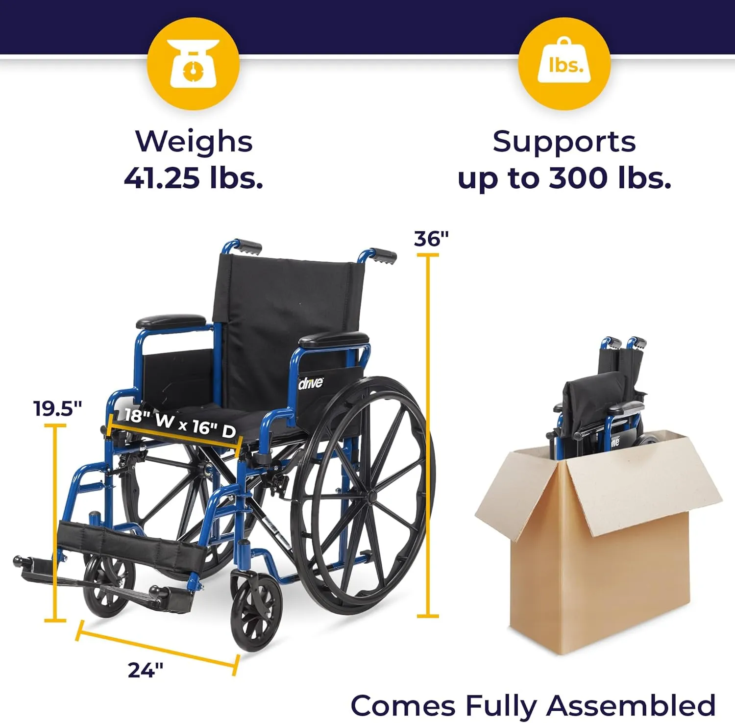 Drive Medical Blue Streak Lightweight Wheelchair with Swing-Away Footrests and Flip-Back Arms, Portable Folding Wheelchair for Adults and Seniors, 18 Inch Seat