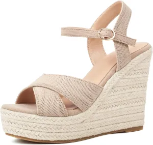 Espadrille Wedge Sandals for Women, Women's Platform Wedge Heels, High Heel Summer Wedges for Women with Breathable Knitted Textile Upper Open Toe Ankle Strap