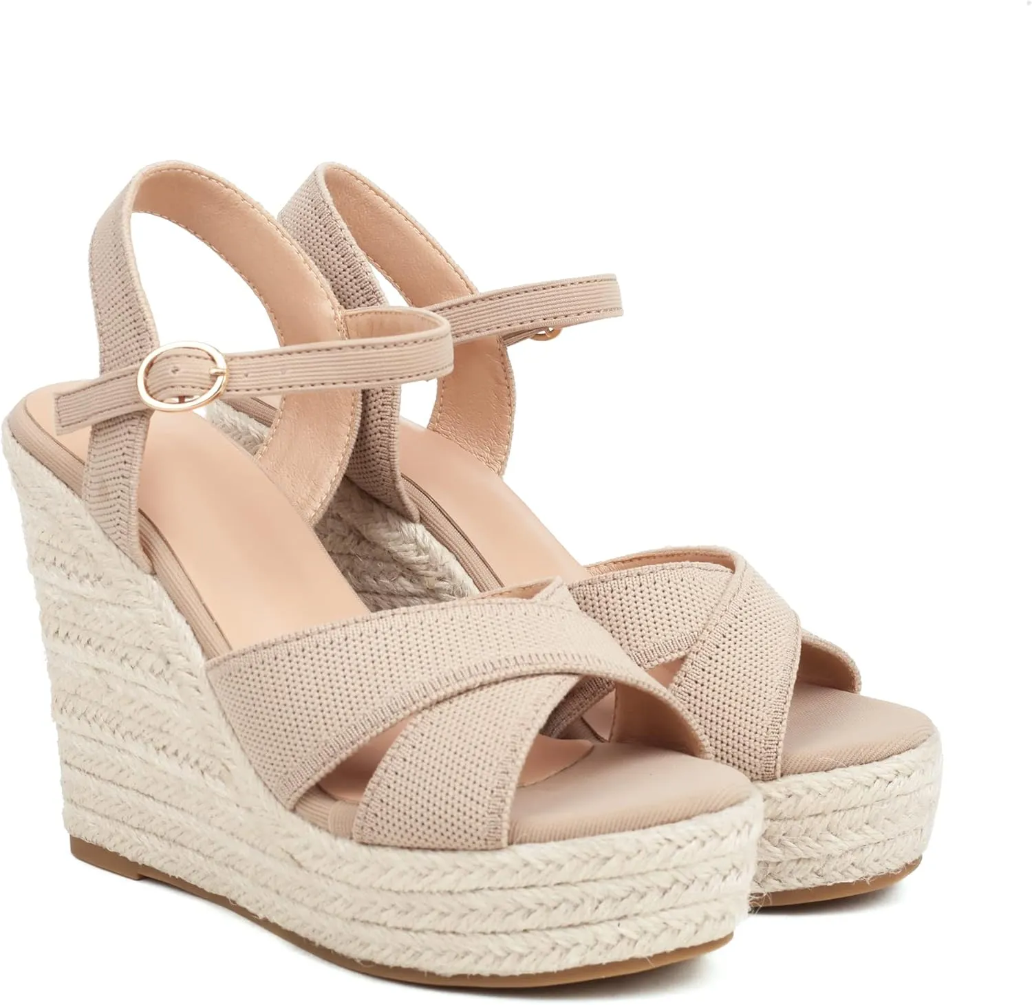 Espadrille Wedge Sandals for Women, Women's Platform Wedge Heels, High Heel Summer Wedges for Women with Breathable Knitted Textile Upper Open Toe Ankle Strap