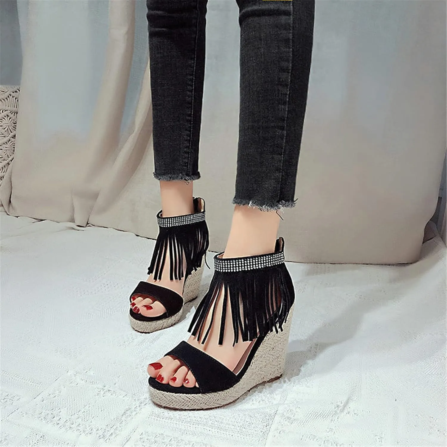 FFZSQ Womens Platform Sandals Summer Wedges Open Toe High Heel Wedding Shoes with Fringed Rhinestone Roman Fish Mouth Sandals with Zipper