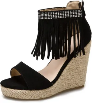 FFZSQ Womens Platform Sandals Summer Wedges Open Toe High Heel Wedding Shoes with Fringed Rhinestone Roman Fish Mouth Sandals with Zipper