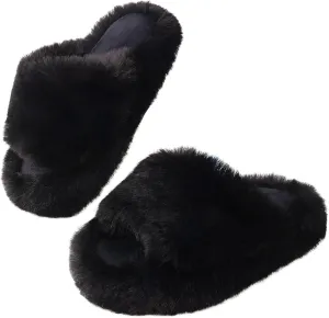 Girls Fuzzy Memory Foam Slippers Comfy丨Kids Fluffy Plush Open Toe House Slippers丨Slip On Furry Home Slides丨Indoor Outdoor Fur Flip Flop