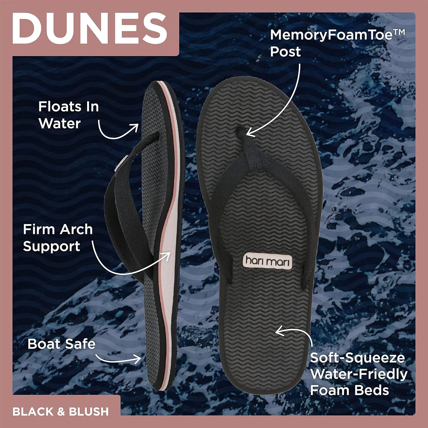 Hari Mari- Dunes- Women's Waterproof Boat Safe Colorful Rubber Flip Flops- No Break Ins, Firm Arch Support, Antimicrobial, and Floats in Water