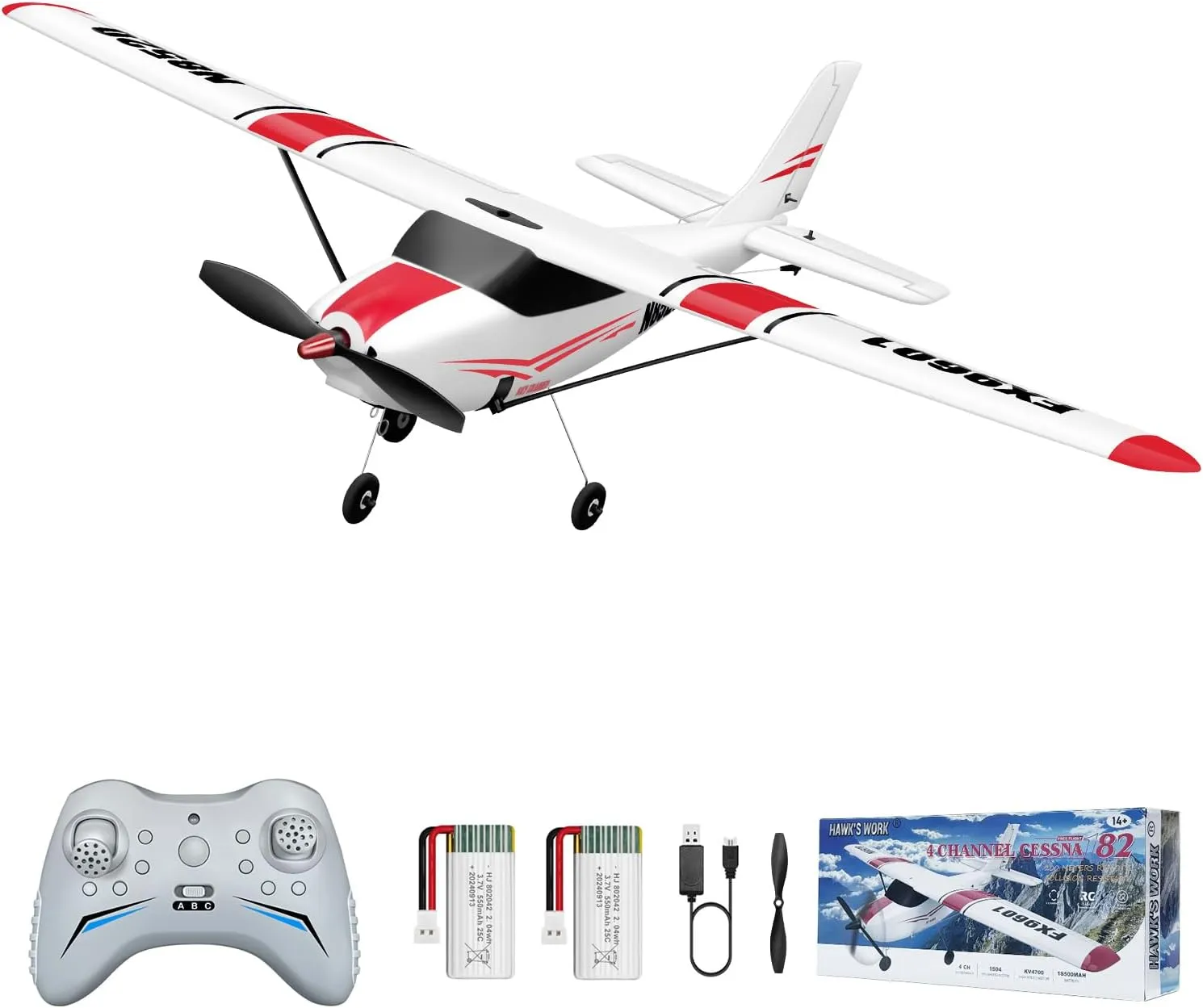 HAWK'S WORK 4 Channel RC Plane, Remote Control Airplane Cessna Ready to Fly, Brushless Motor 6-axis Gyro Stabilizer 3 Flight Mode Stunt Flying, Easy Trainer for Beginner & Kid