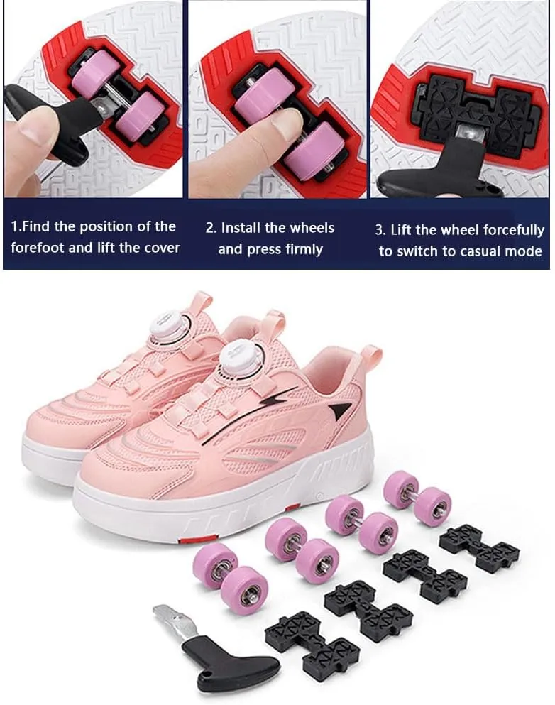 Kids Roller Skate Shoes Roller Sport Sneakers Shoes for Boys Girls Outdoor Parkour Shoes with 4-Wheels Trainer Retractable Sneakers Shoes for Birthday Children Show Gift