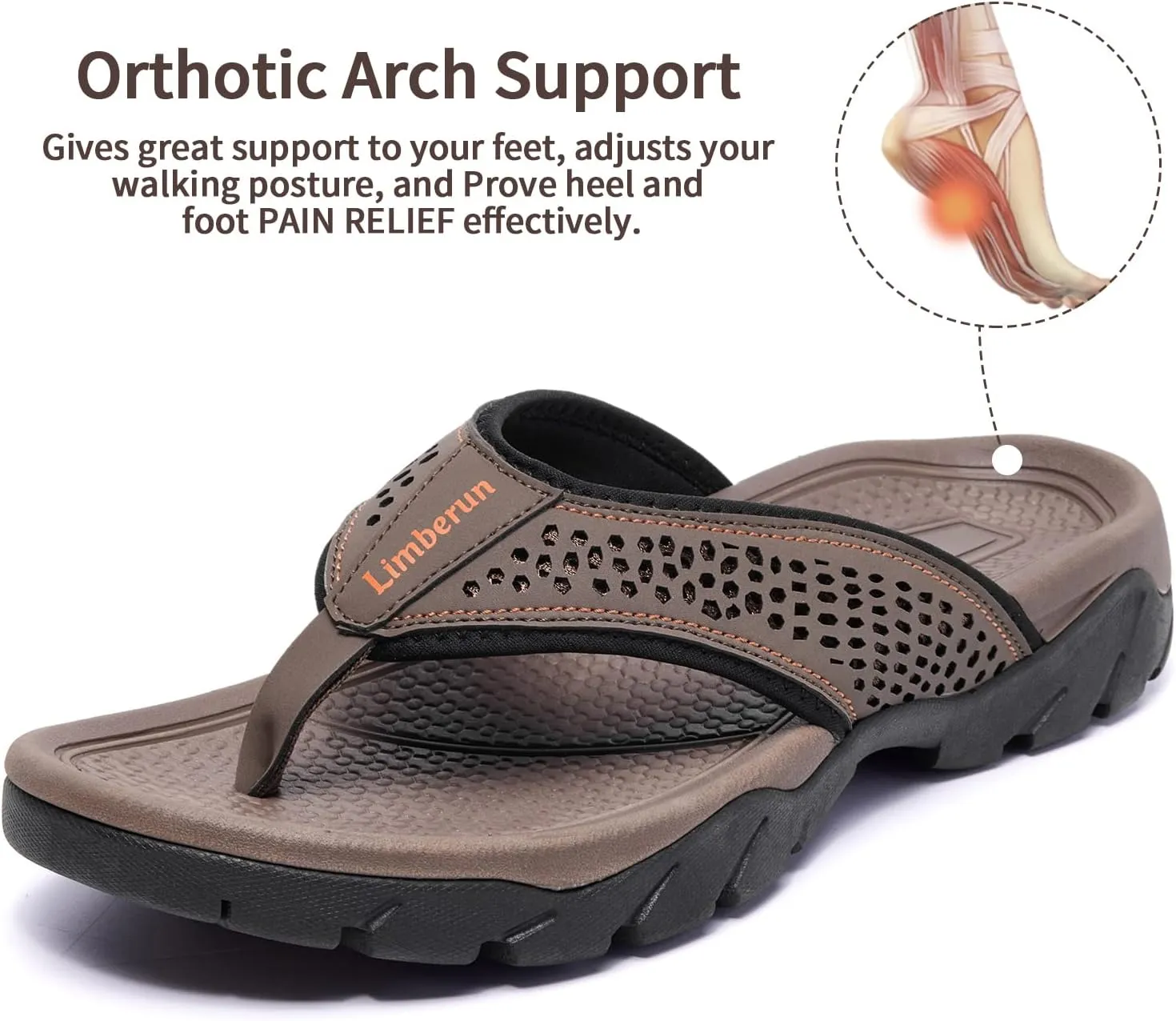 Limberun Mens Flip Flops Arch Support Comfort Orthotic Thong Sandals Open Toe Athletic Straps Orthotic Hiking Sport Outdoor Summer Beach Shoes