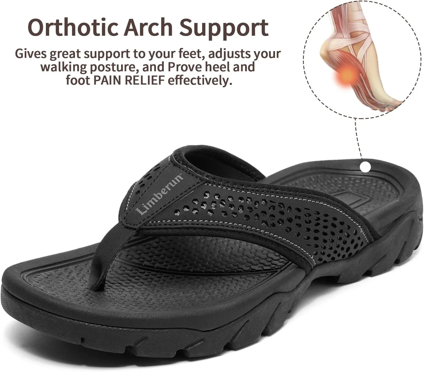 Limberun Mens Flip Flops Arch Support Comfort Orthotic Thong Sandals Open Toe Athletic Straps Orthotic Hiking Sport Outdoor Summer Beach Shoes