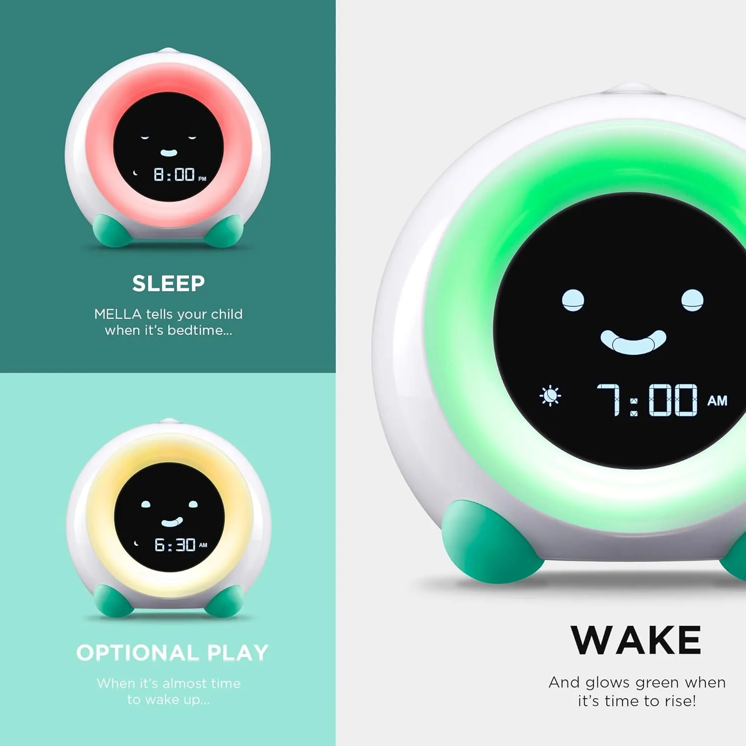 LittleHippo Mella: All-in-One Kids Trainer, Alarm Clock, Night Light & Sleep Sounds Machine. Encourage Sleep Training with Toddler Alarm Clock, Timer Night Light, Cute Kids Room Decor - Tropical Teal