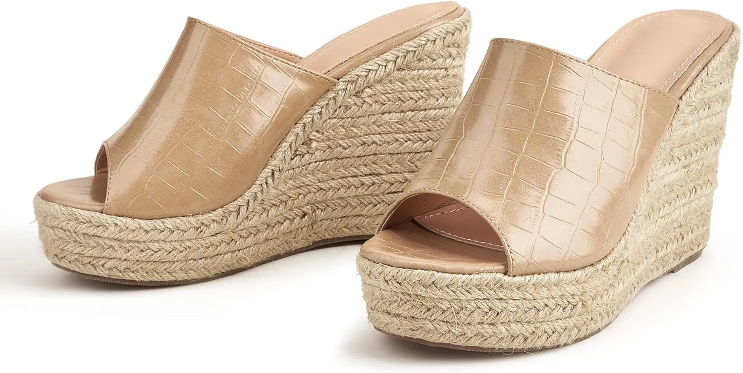 LizFoYa Women Retro Crocodile Leather Slide Shoes Ladies Peep Toe Espadrille Wedge Platform Heels Beach Vocation