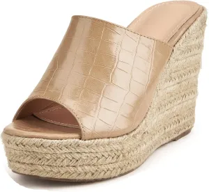 LizFoYa Women Retro Crocodile Leather Slide Shoes Ladies Peep Toe Espadrille Wedge Platform Heels Beach Vocation