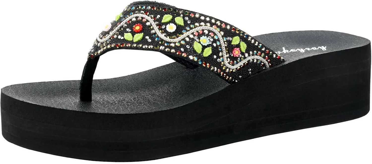 Lowkeyray Women's Glittering Rhinestone Embellished Wedge Platform Fancy Flip-Flop Sandals for Ultimate Comfort and Glamou,Sparkle & Style.