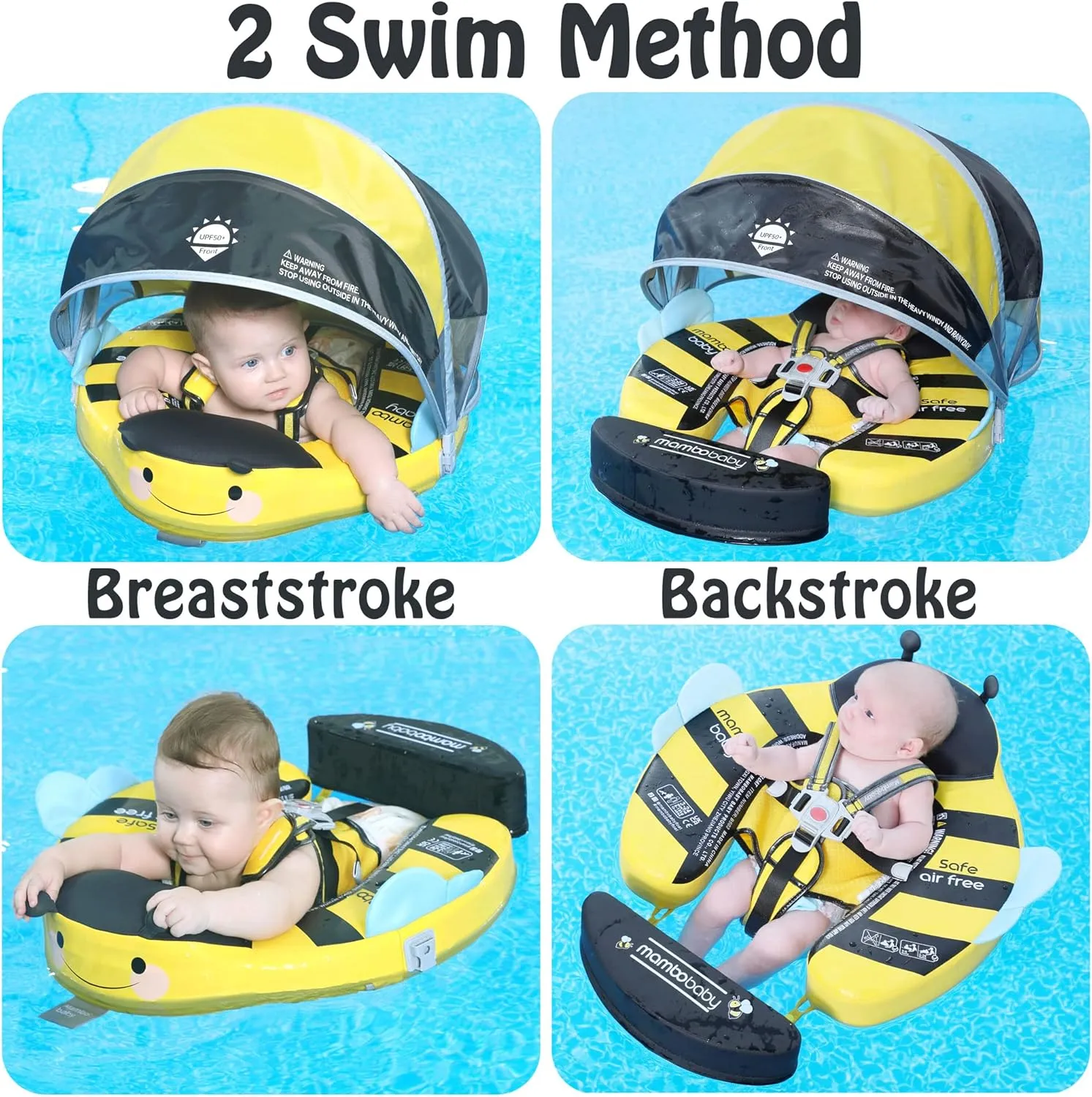 Mambobaby Float with Canopy Non-Inflatable Baby Pool Float Infant Solid Swim Float Add Tail Water Floats Smart Swim Trainer for Infant Toddler 3-24 Months, Honey Bee Yellow