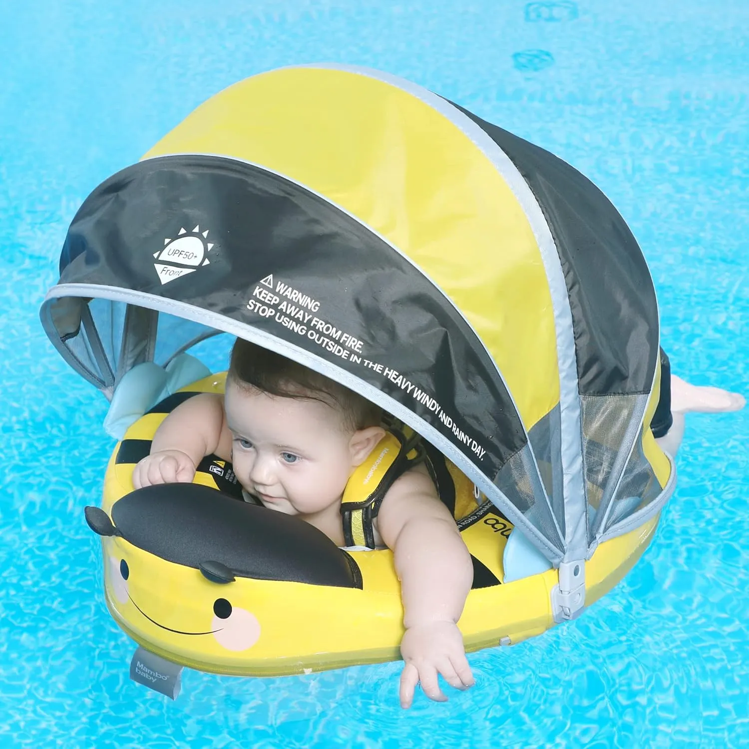 Mambobaby Float with Canopy Non-Inflatable Baby Pool Float Infant Solid Swim Float Add Tail Water Floats Smart Swim Trainer for Infant Toddler 3-24 Months, Honey Bee Yellow