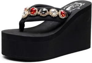 Mamilove Womens Chunky High Platform Wedge Flip-flops Sandals Size 8 Candy Diamond