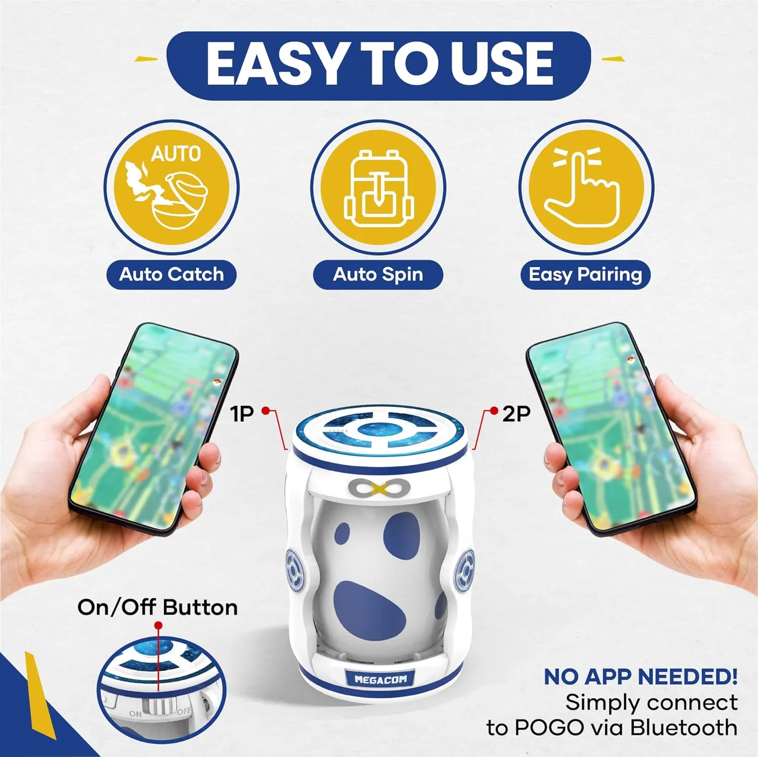 MEGACOM DuoMon Egg for 2P dual Accounts compatible for Pokemon Go Plus - One Touch Reconnection, Auto Catch, Spin, Speedy Upgrade to Earn Candy, XP & Stardust, Keep Connecting in The Background(White)