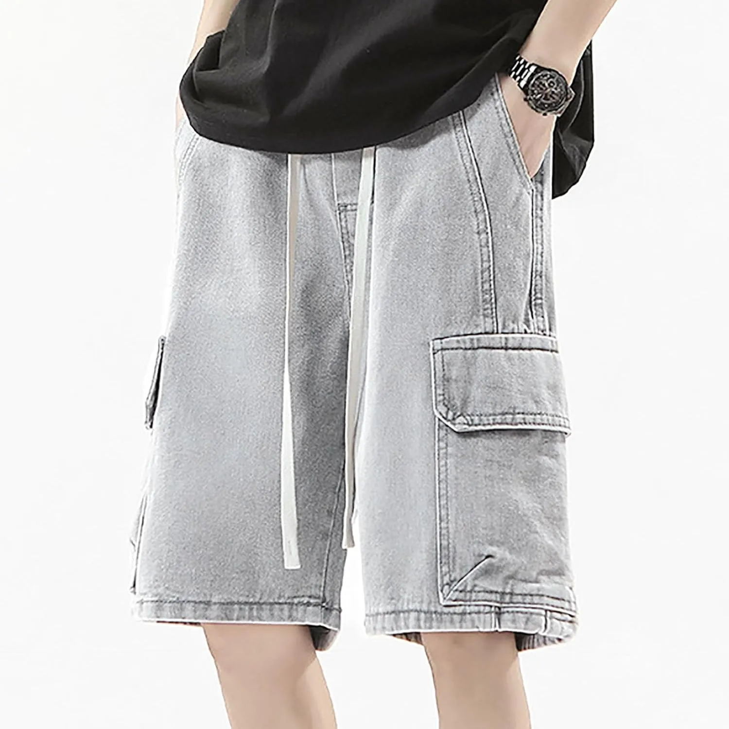 Mens Baggy Jean Shorts Loose Fit Long Denim Shorts Casual Summer Y2K Streetwear Clothes