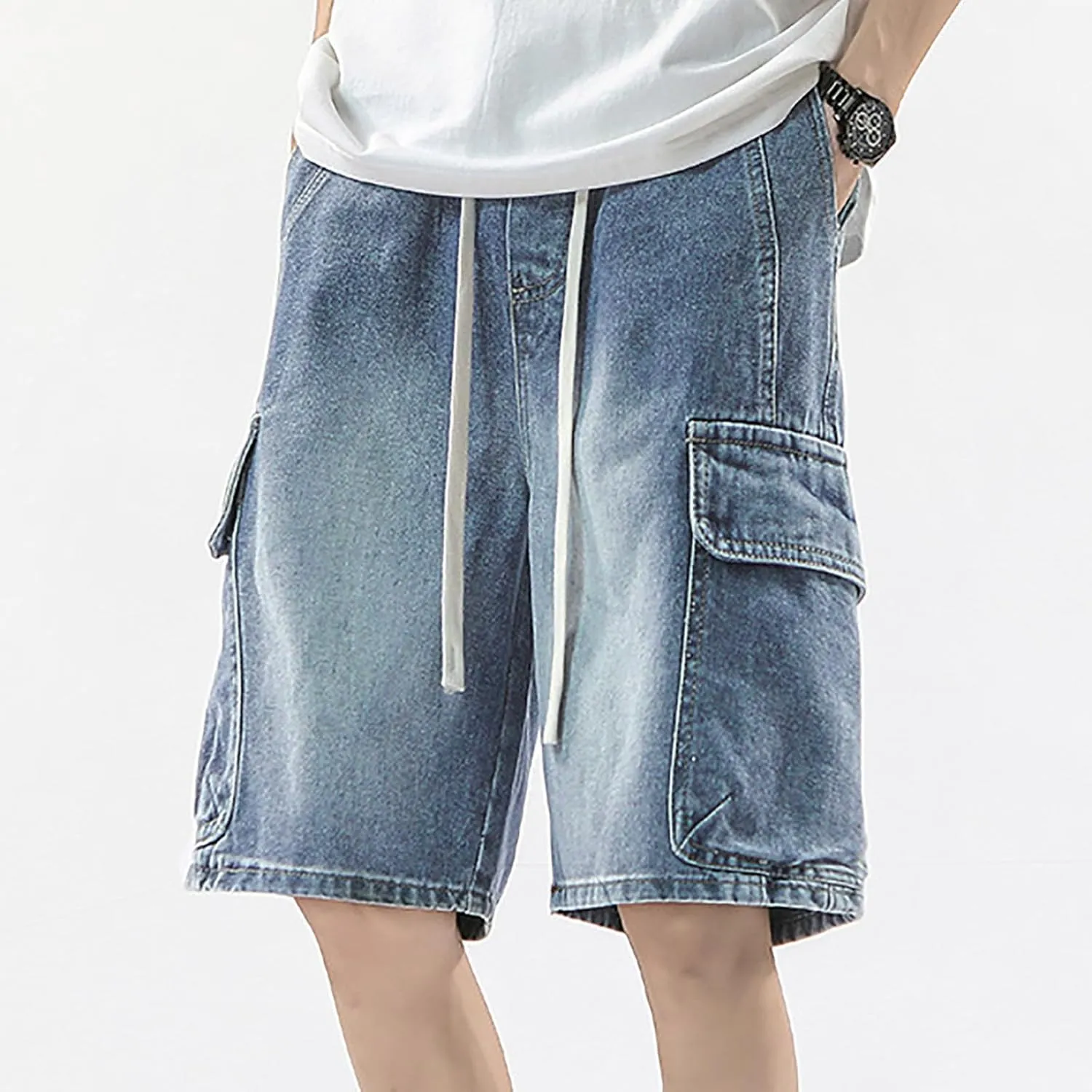 Men's Loose Fit Hip Hop Cropped Jean Shorts Baggy Denim Shorts with Pockets Casual Summer Streetwear Clothes